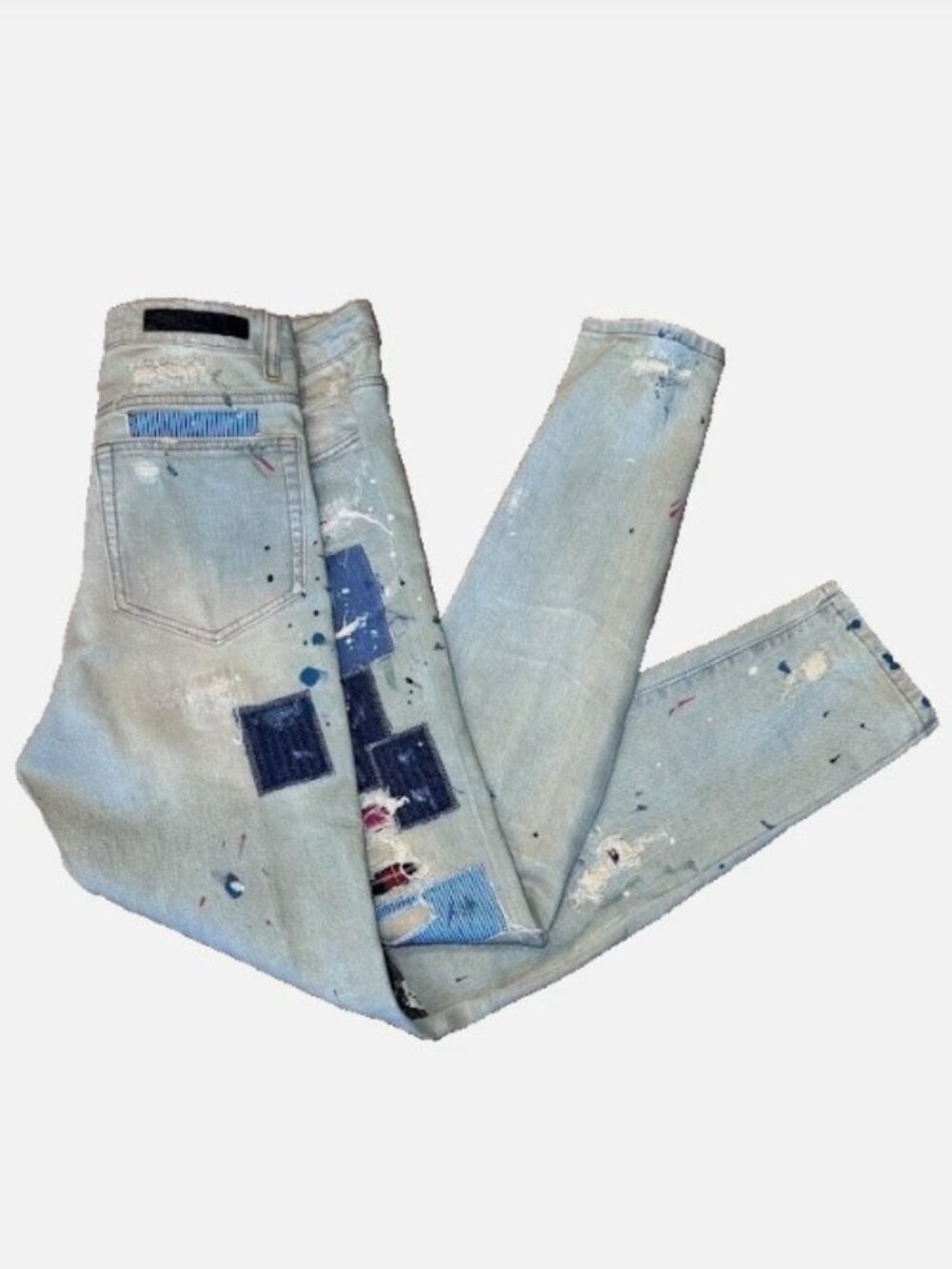 Mens 36 Reworked Patchwork Slim Jeans Paint Splatter Distressed Grunge Punk